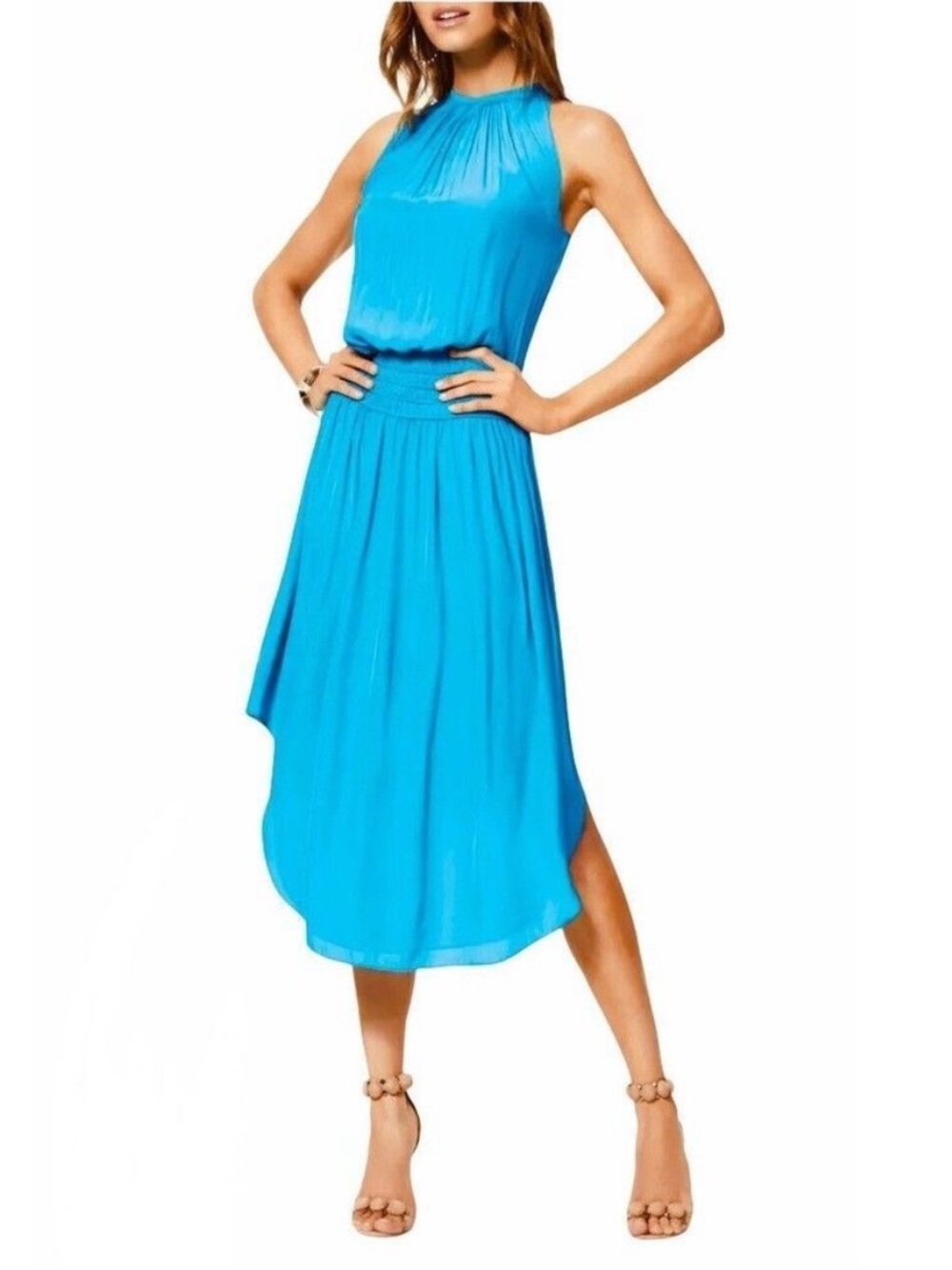 SALE Ramy Brook Women's Audrey Blue Smocked Midi Dress Size Large - Picture 2 of 9